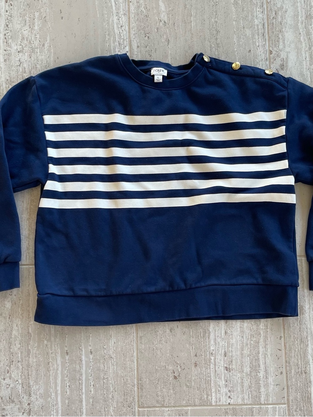 J. Crew Navy and White Striped Sweatshirt with Gold Shoulder Buttons
